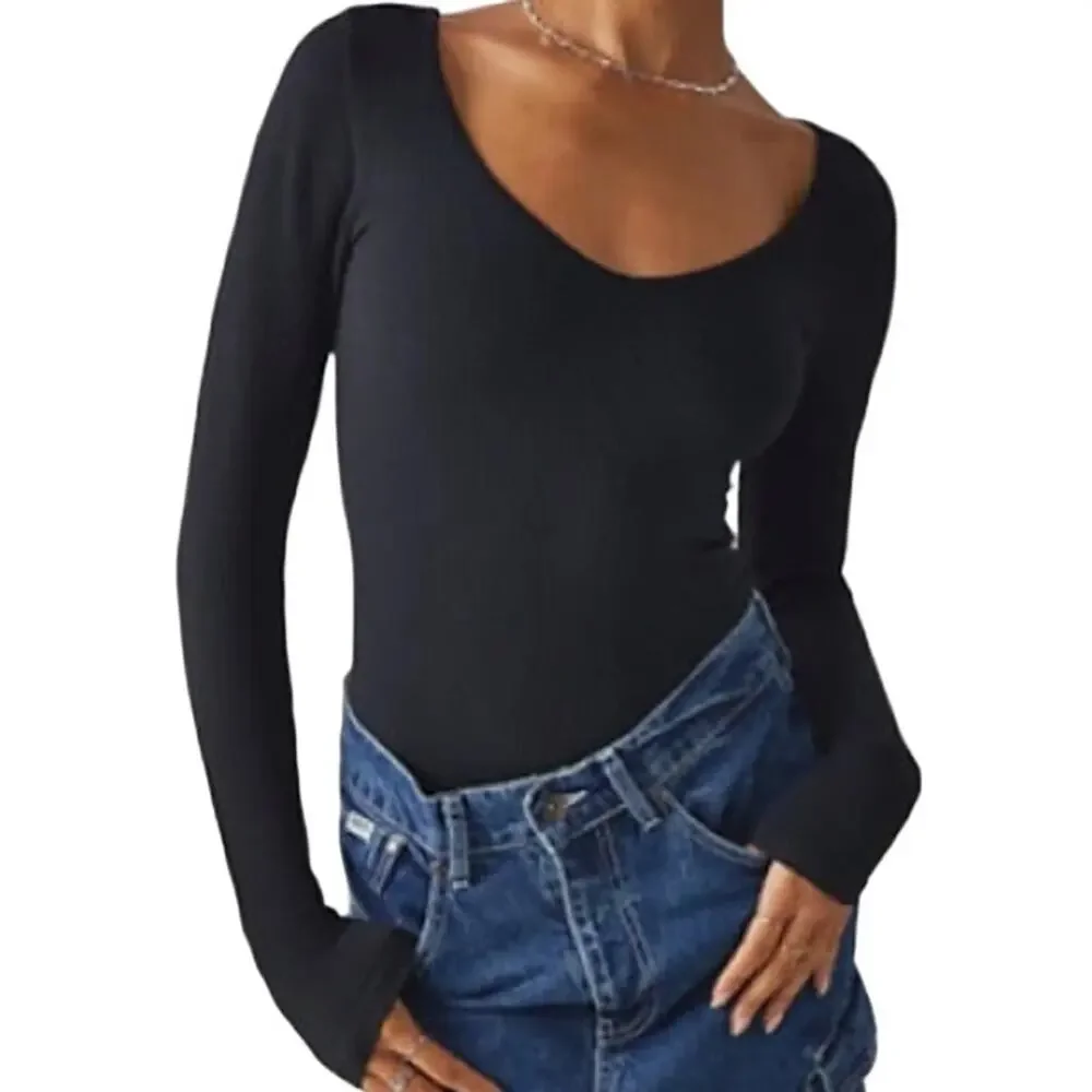 Intimately by Free People XYZ Rib Knit Bodysuit Long Sleeve V Neck Black XS/S
